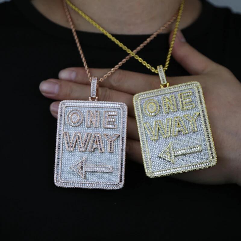 New Iced Out Bling Direction Signs Pendant Necklace Cubic Zirconia Letter One Way Charm Men Fashion Hip Hop Jewelry