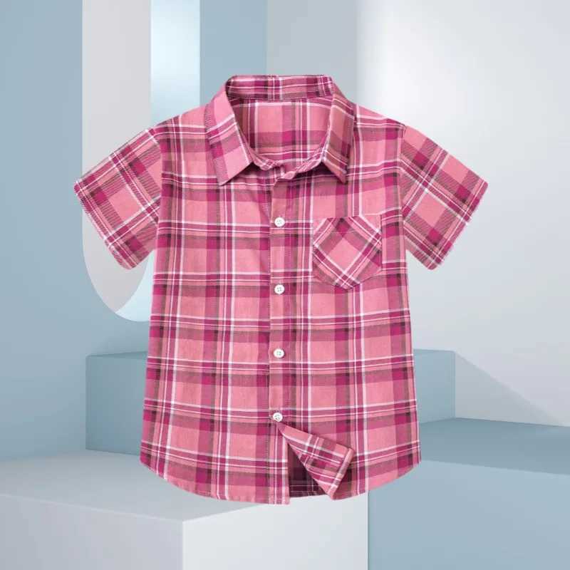 Childrens shirt boys and girls casual plain weave shirt retro outdoor short sleeved top collar shirt button design front pocket shirtW240729