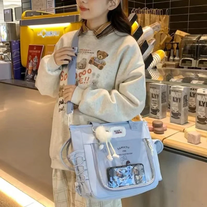 Y2K Cute Large Capacity Transparent Tote Bag Kawaii Lolita Crossbody Ita Girl Simple Casual Shoulder DIY Display Handbag 240729