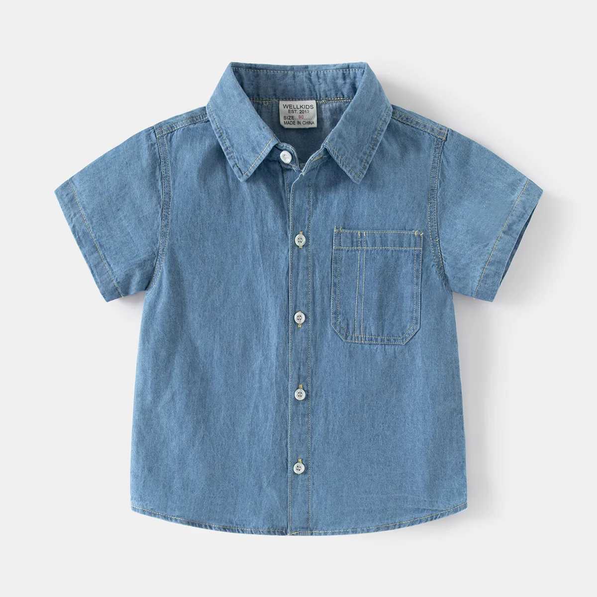 2024 summer new handsome solid color short sleeved denim shirt 3-8-year-old childrens casual cotton top 2 colorsW240729
