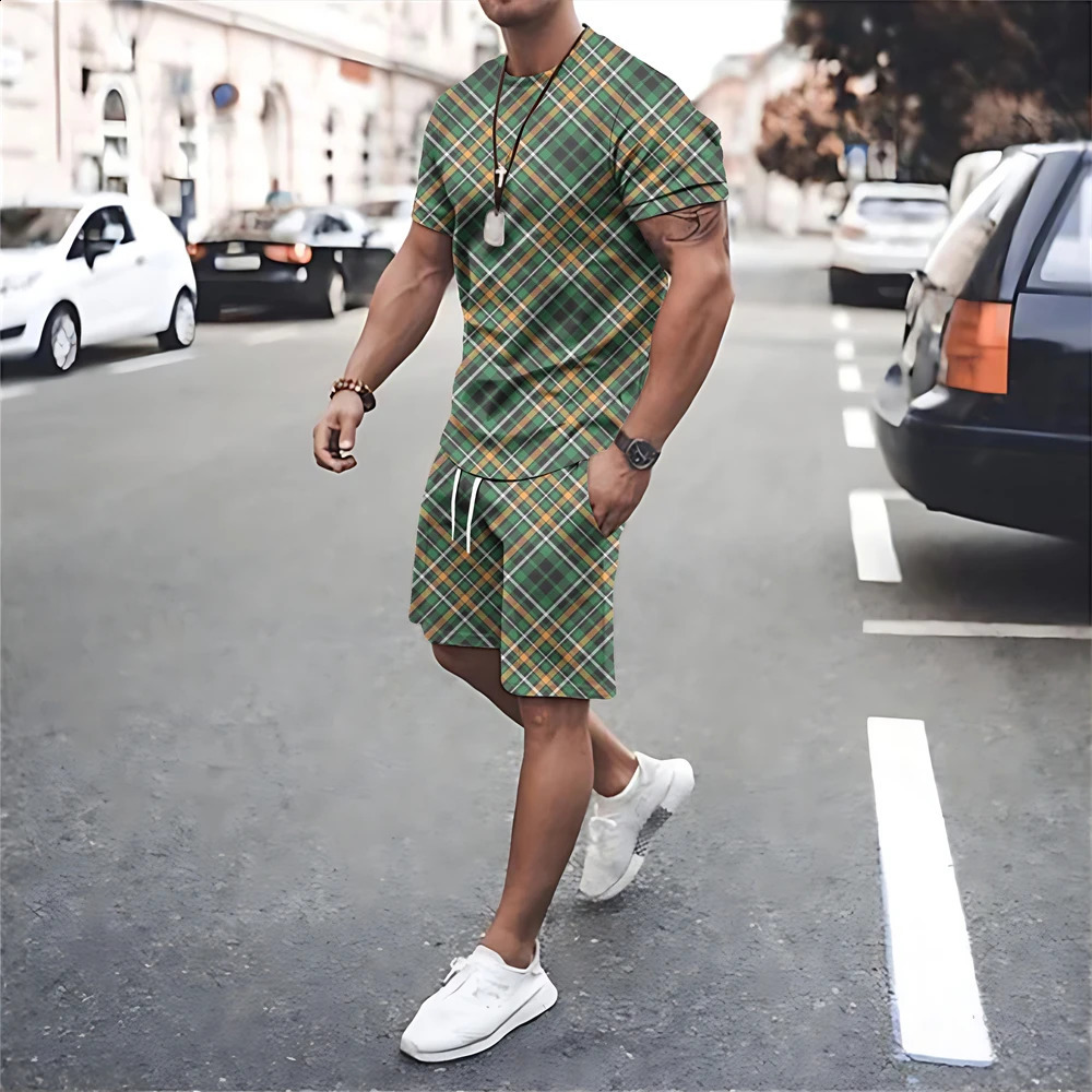 Men Tracksuits Fashion Print T Shirt Shorts 2 Piece Sets Mesh Oversized T-shirts Sportswear Suits Summer Quick Dry Mens Clothes 240729