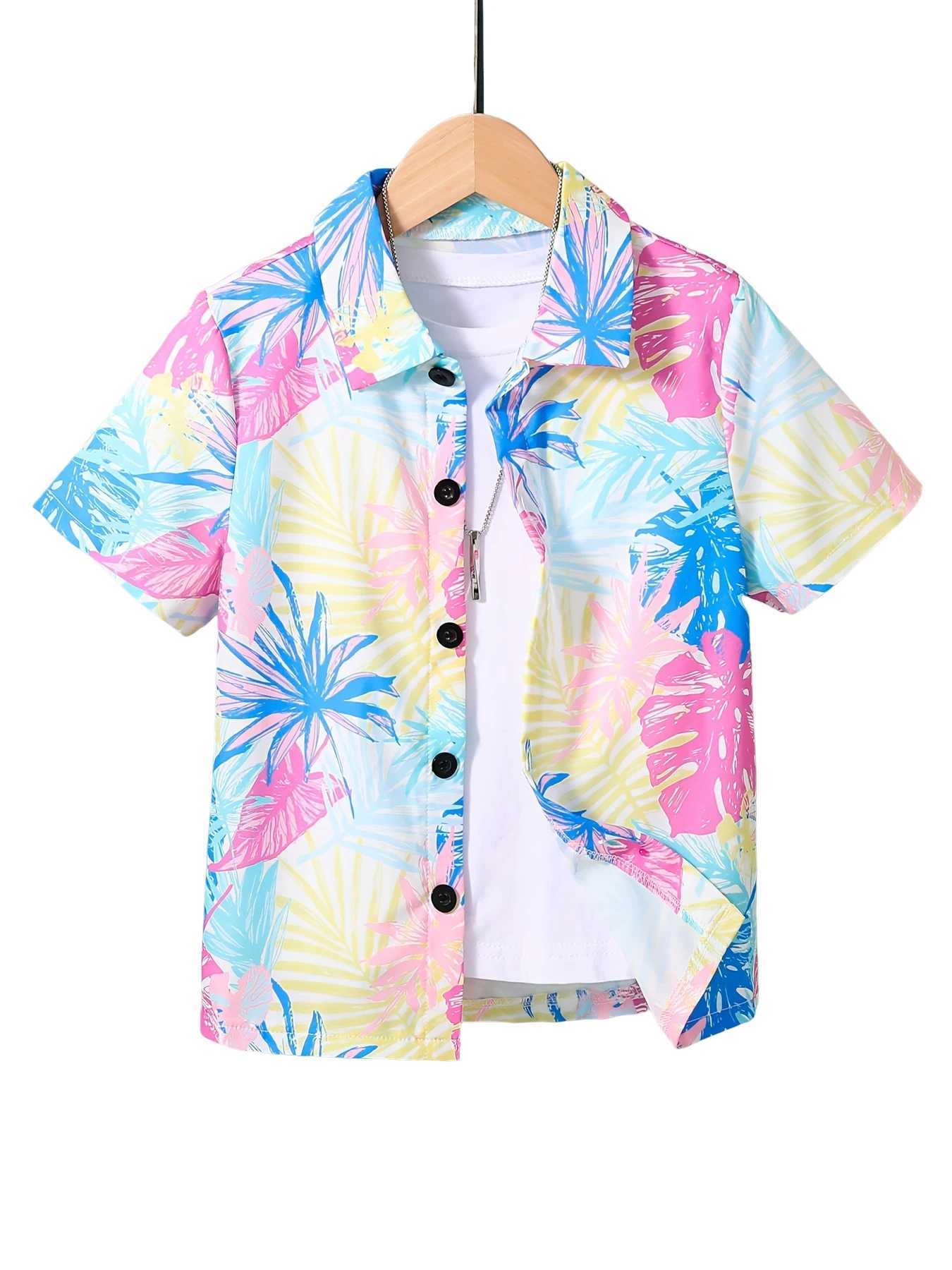 2024 childrens clothing cartoon beach print boys creative shirt casual short sleeved top boys summer childrens shirtW240729