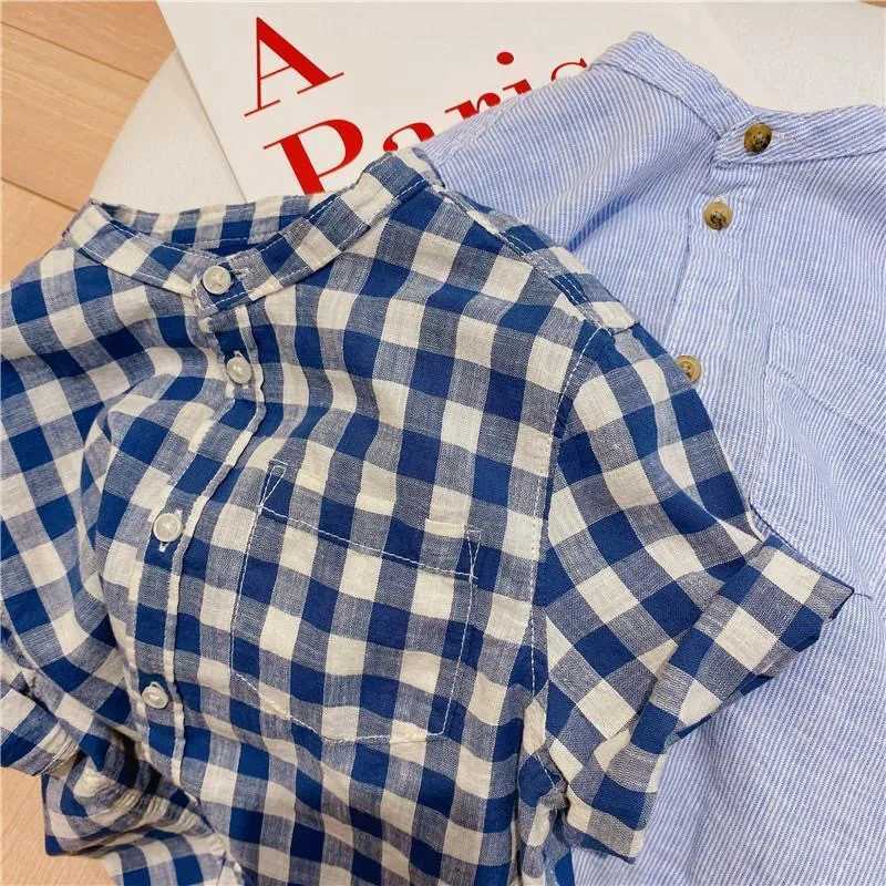 Summer new childrens shirt 2022 boys solid color striped washed cotton shirt baby stand collar short sleeved shirtW240729