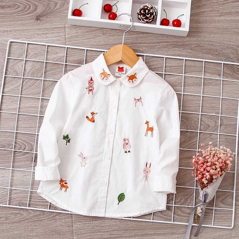 Girls long sleeved white shirt autumn and spring childrens clothing girls 8-12 cartoon fox embroidery top cotton school shirtW240729