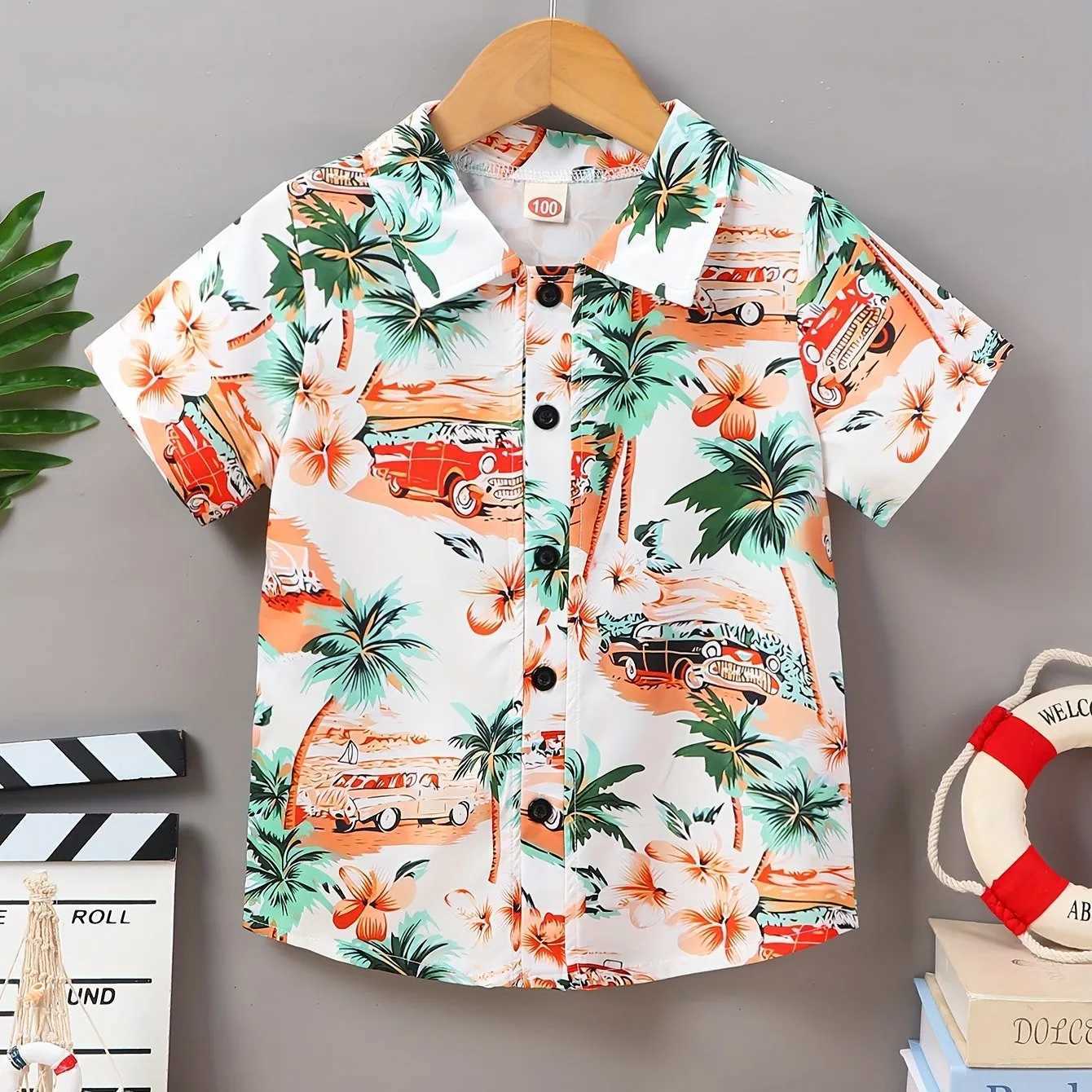 Boys and girls colorful dinosaur and leaf print button down jacket casual and creative childrens short sleeved comfortable summer vacation topW240729