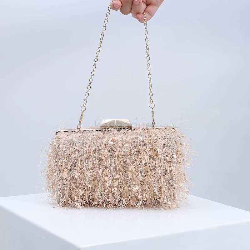 Pink Bag Fashion Tassesl Clutch Bag Women Cute Fluffy Purse Elegant Crossbody Chain Shoulder Wedding Party Bag Female HandbagXJ240729