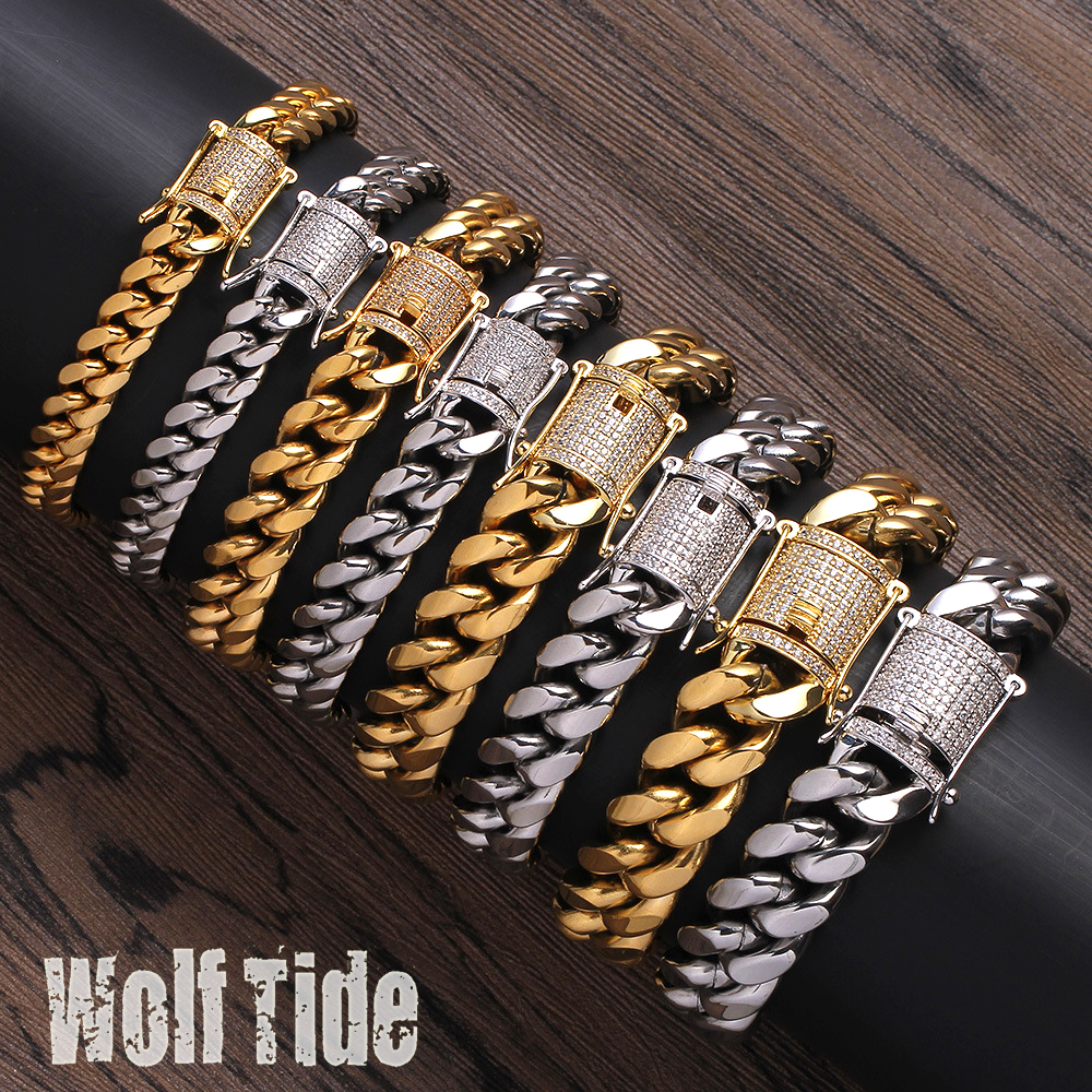 8/10/12/16/18mm CZ Zircon Stainless Steel Gold Cuban Link Chain Bangle Bracelets New in Mens Hip Hop Punk Rock Chains Bracelet Party Jewelry Gifts for