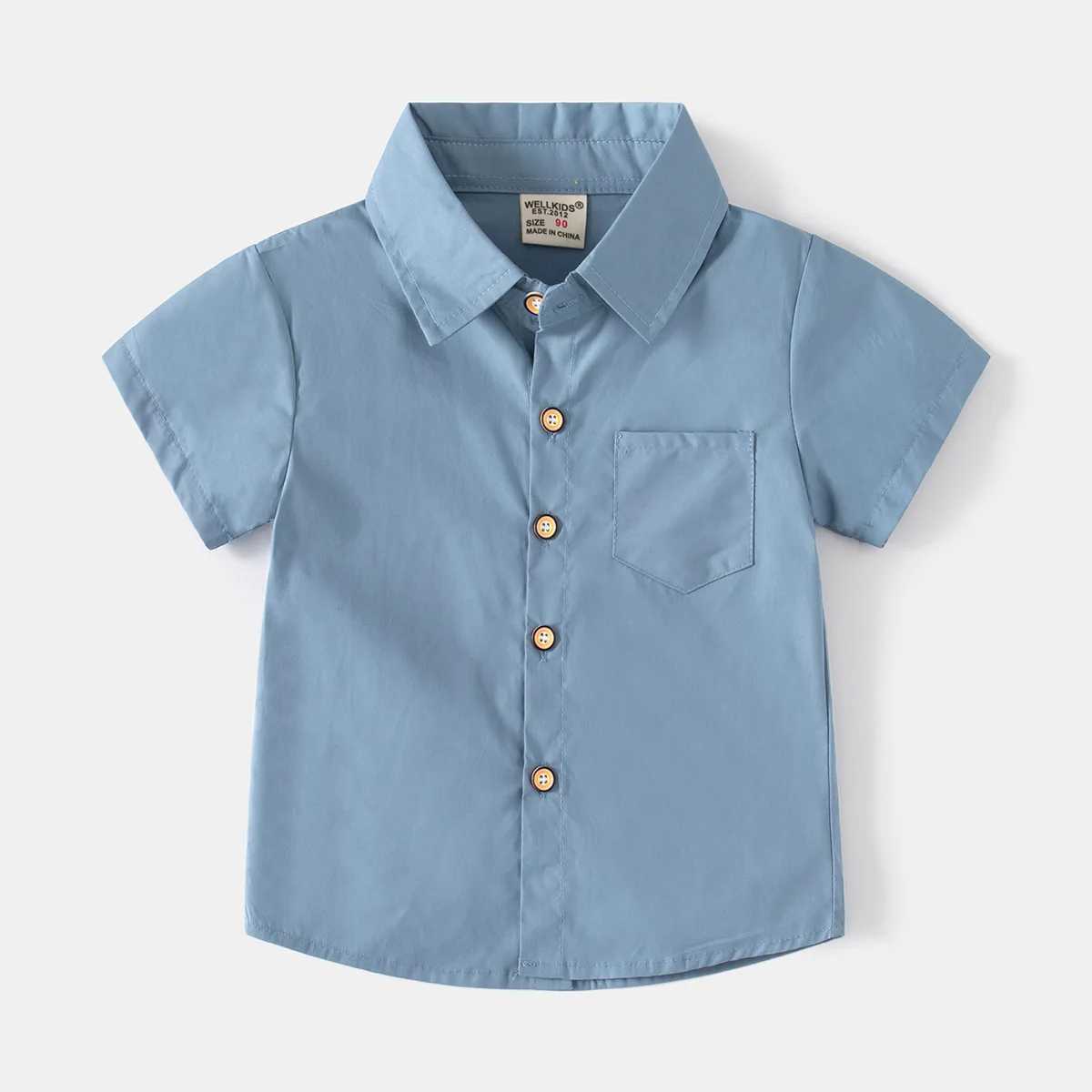New fashion boys solid color monochrome short sleeved shirt for summer 2024 childrens casual cotton top 3-8 years old 6 colorsW240729