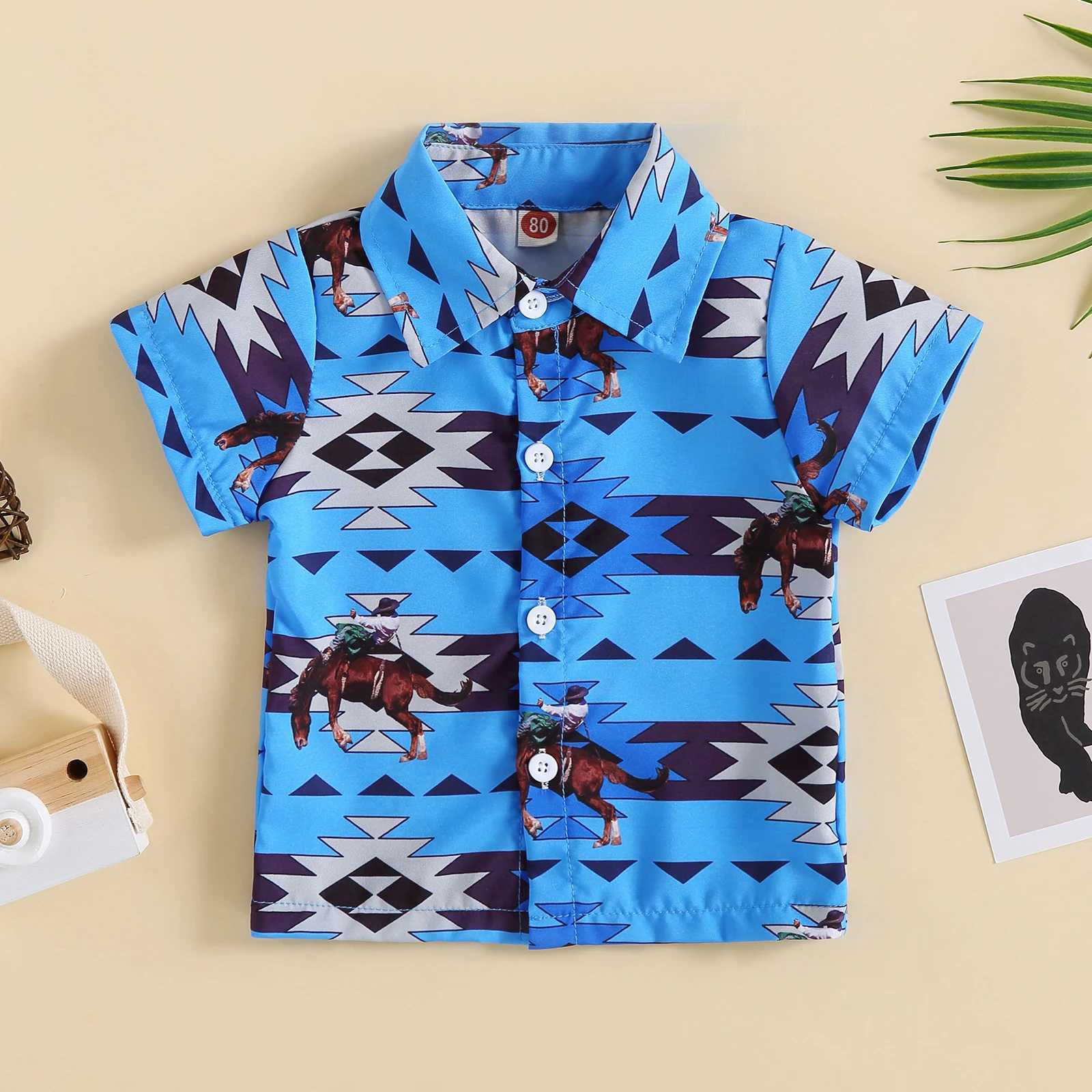 FOCUSNORM 0-3Y Preschool Boys Summer T-shirt Western Geometry/Cow Print Short Sleeve Button ShirtW240729