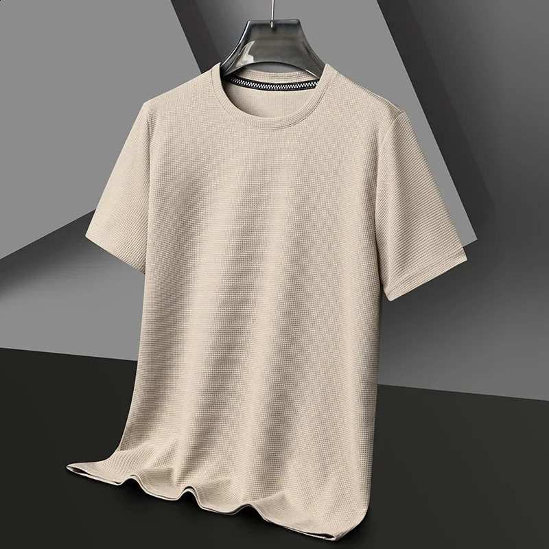 Summer Waffle Round Neck Short Sleeved T-shirt for Mens Short Sleeved Top 240814