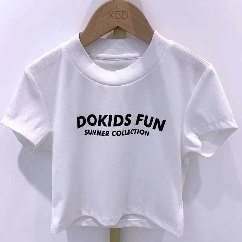 T-shirts 2023 Summer Girls T Shirt Baby Letter Tee Shirt Kids Crop Top Children Streetwear Clothes Fashion Solid Side Kids Girl ClothesL24729
