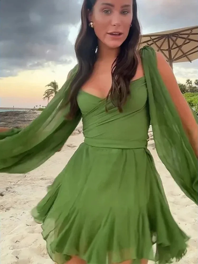 Sexy Green Pleated Mini Dress for Women Elegant V-neck Split Long Sleeve A-line Dresses Summer Lady Solid Backless Lace Up Robes 240729