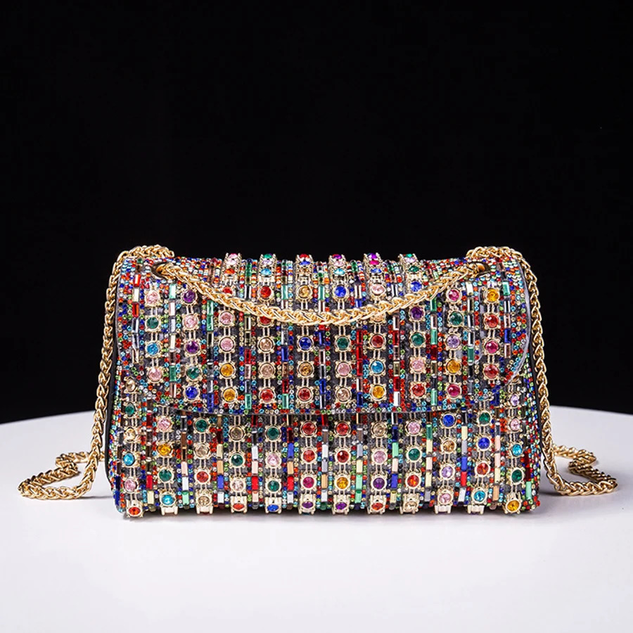 Bling Rhinestone Evening Clutch Purse Women Korean Diamond Chains Cover Dinner Party Handbag Ladies Small Square Shoulder Bag 250110