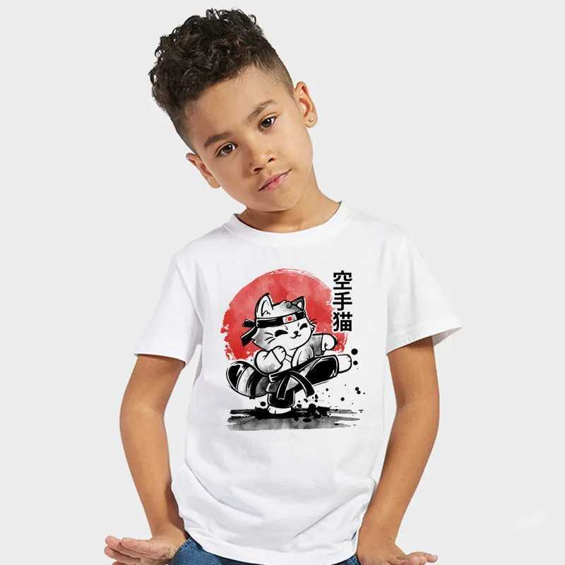 T-shirts Karate Cat Boys Popular Cartoon T Shirt Animal T-shirt Cute Girl Top Short-sleeved T-shirt Childrens ClothesL24729