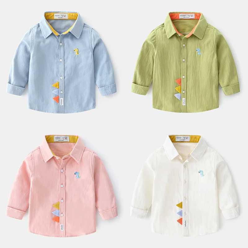 2023 Spring and Autumn Boys Long sleeved Shirt and Childrens Shirt Korean Edition Cotton Cartoon Dinosaur Printed Collar Top 2-7 YearsW240729