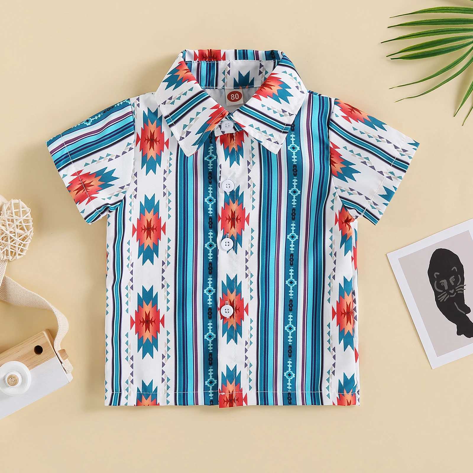 FOCUSNORM 0-3Y Preschool Boys Summer T-shirt Western Geometry/Cow Print Short Sleeve Button ShirtW240729