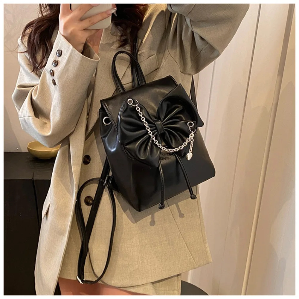 Korean Style Mini Backpack Y2k Bow Large Capacity Handbag MultiFunction PU Leather Travel Bag Girls 240729