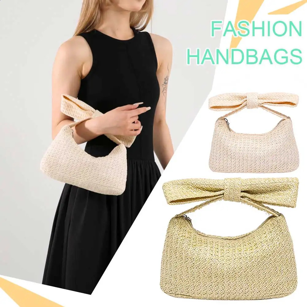 Knotted Summer Beach Bag Woven Bow Evening Clutch Handbag Solid Color Top Handle for Women Party Vacation Wedding 240731