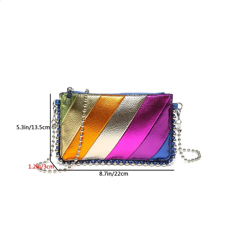 Small Rainbow Colorful Stripes Handbag Party Evening Clutch PU Leather Patchwork Square Flap Metal Chain Cross Body Shoulder Bag 240729 186c