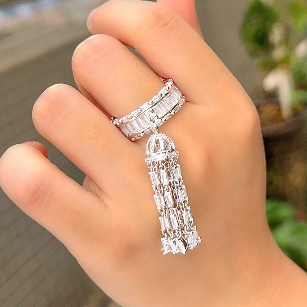 Three layer fashion cubic zirconia long tassel charm elegant engagement ring female bride wedding ball jewelry R225 240723