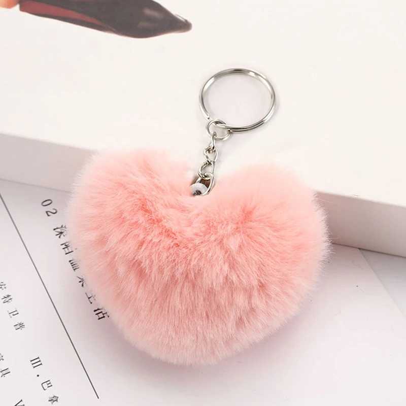8CM Fluffy pompom Keychain Gifts for Women Soft Heart Shape Pompon Fake Rabbit Key Chain Ball Car Bag Accessories Key RingL240729