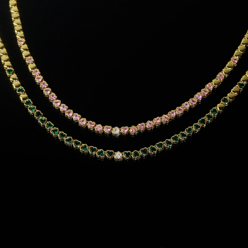 Valentine's Gift Bg Iced Heart Cz Choker Necklace for Women, Gold Color, Green Pink White Cubic Zirconia Tennis Jewelry