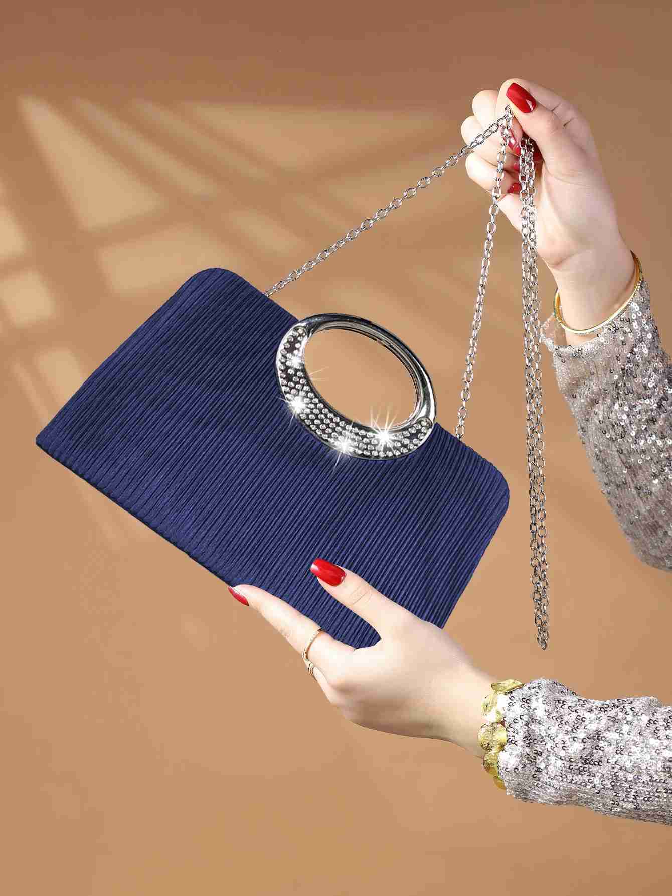 Glamorous Glitter Bling Luxury Shiny Rhinestone Decor Ruched Panel Chain Glitter Square Bag Perfect Bride Evening BagXJ240729