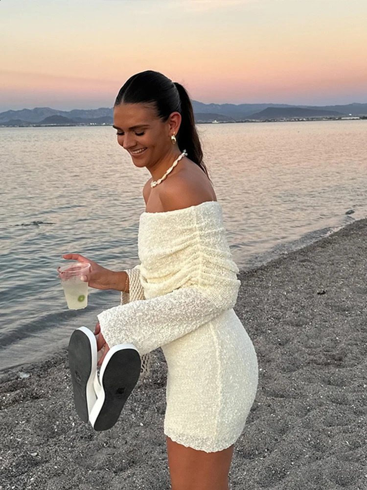 Sexy Off Shoulder Mini Dress Women White See Through Long Sleeve Female Dresses 2024 Summer Fashion Party Club Lady Vestidos 240729