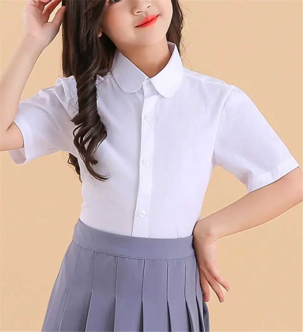 Girls white short sleeved shirt cotton baby school girls shirt children 6 8 10 12 years old teenagersW240729