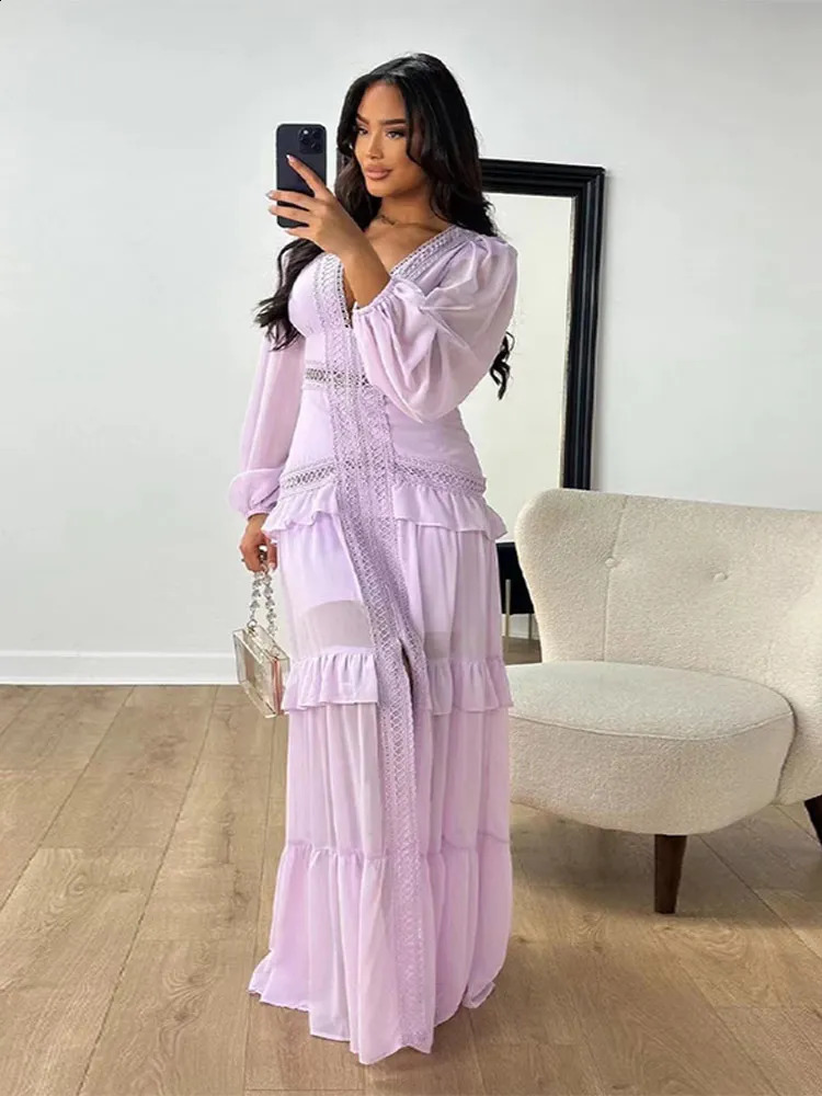 Women Layered Ruffle Hem High Split Maxi Dress Solid Fashion Deep V Neck Lantern Long Sleeve Slim Dresses Female Casual Robe 240729