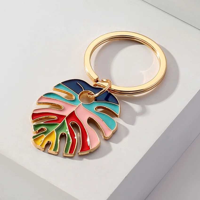 keychain enamel Multicolour Rainbow Turtle Leaf Keychain Key Ring For Women Men Boho Fresh Foliage Plant Bag Car Airpods KeyL240729