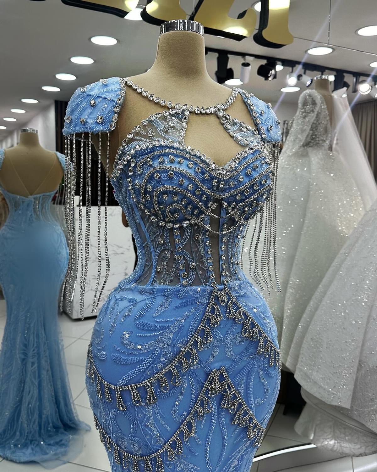 2024 Plus Size Sky Blue Mermaid Prom Dress Lacefull Promdress Beadings Crystals Evening Formal Party Second Reception Birthday Engagement Gowns Dresse