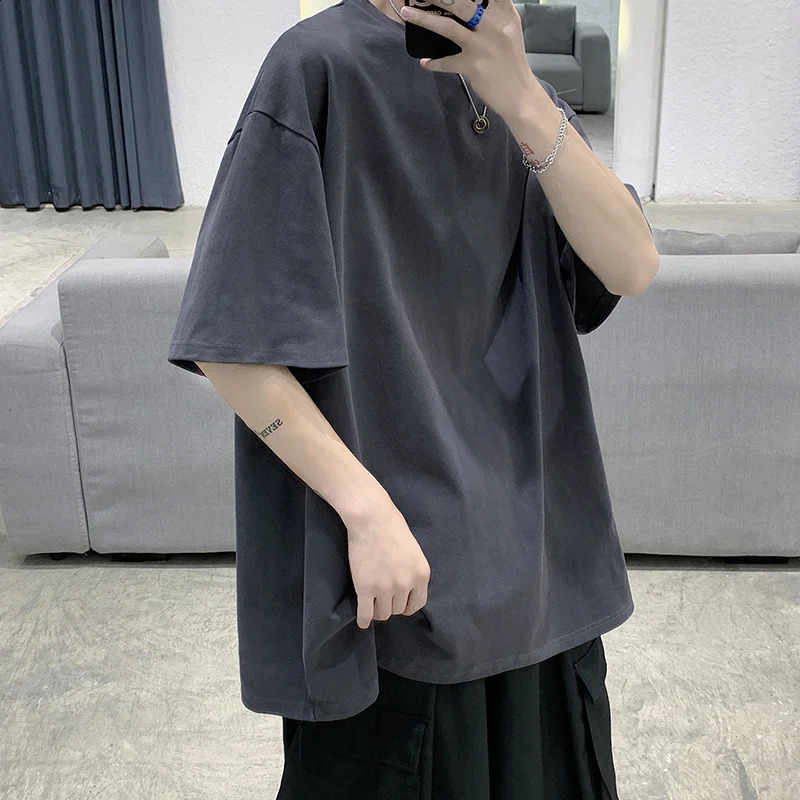 Quality 7.4oz 220gsm Drop-shoulder T-shirt For Men Large Size Short Sleeve Summer Cotton Tops Solid Color Casual Male Tee Shirts 240729