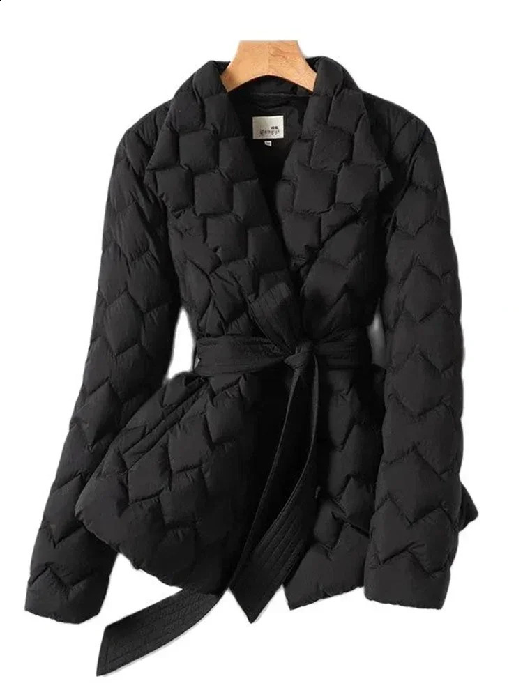 Lightweight Down Jacket with Belt Women Elegant Tie Belt Long Cotton White Duck Down Parka Female Ladies Jackets Winter 2024 240729