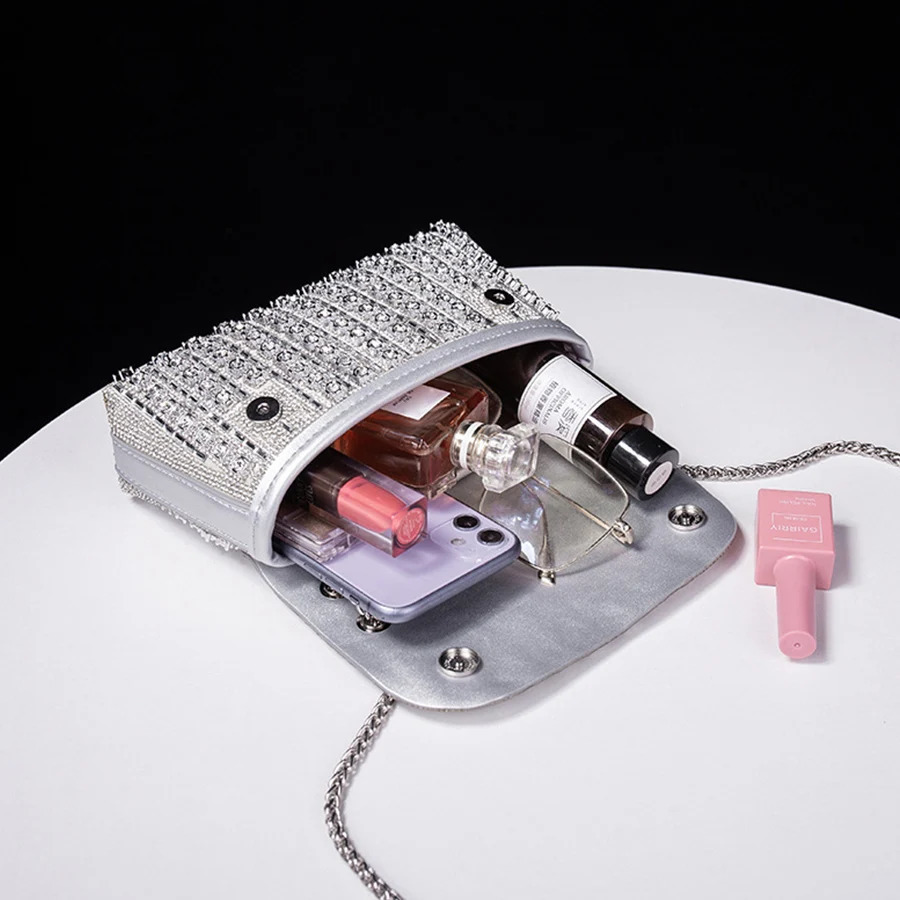 Bling Rhinestone Evening Clutch Purse Women Korean Diamond Chains Cover Dinner Party Handbag Ladies Small Square Shoulder Bag 250110