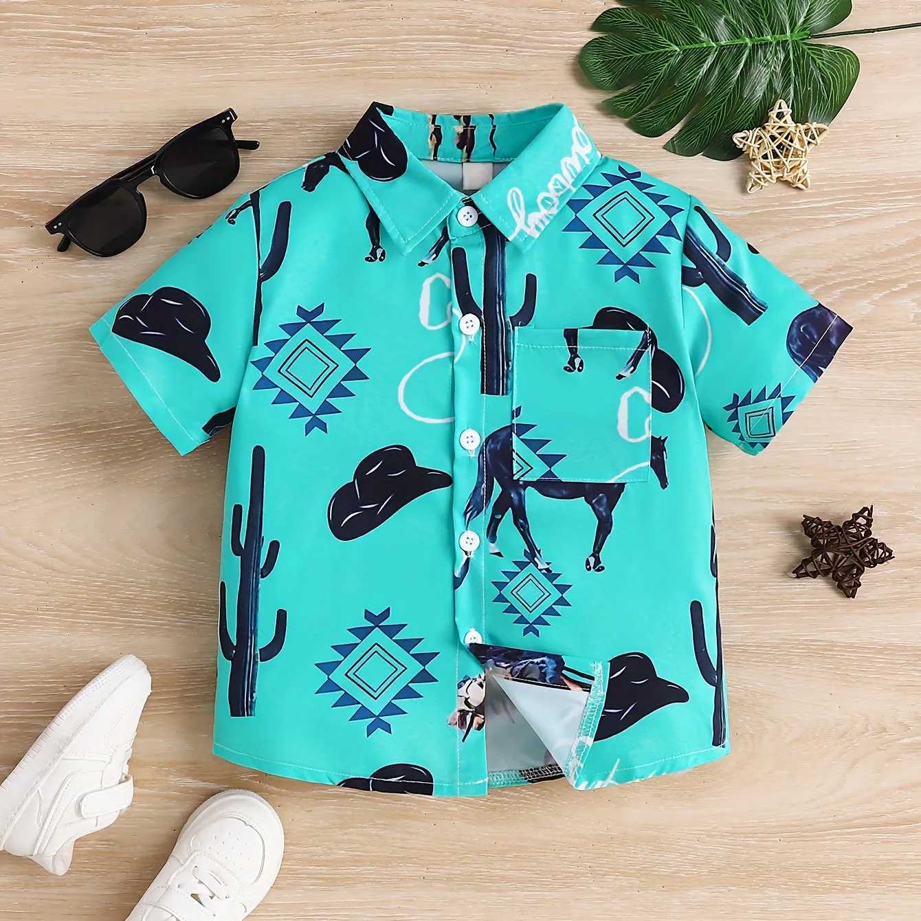 Boy cartoon animal flower pattern cute short sleeved casual comfortable button loose breathable summer holiday collar shirtW240729