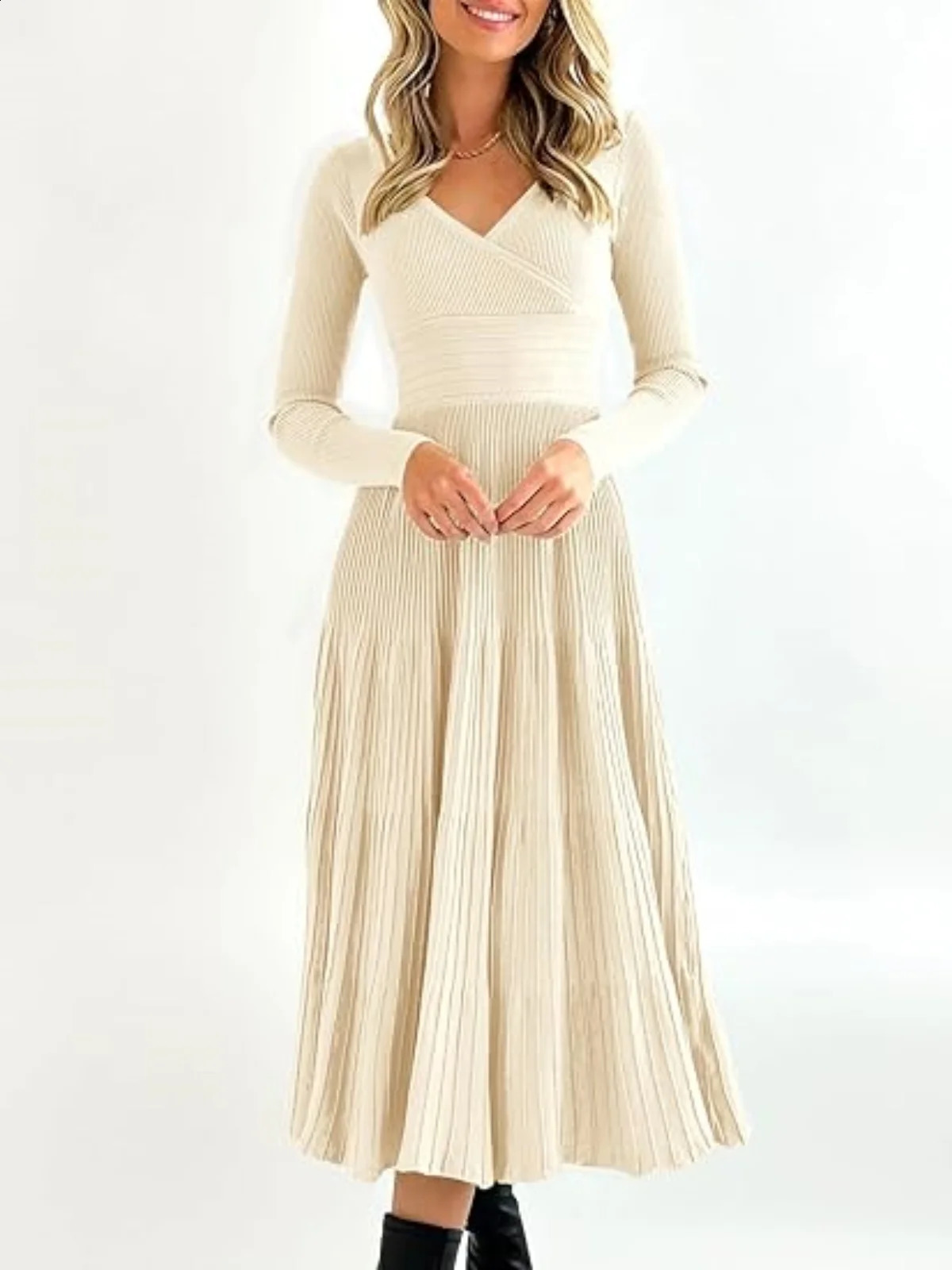 V Neck Elegant Knit Maxi Dress Office Lady Women Clothes Long Sleeve A-Line Pleated Sweater Dresses High Waist Slim Streetwear 240729