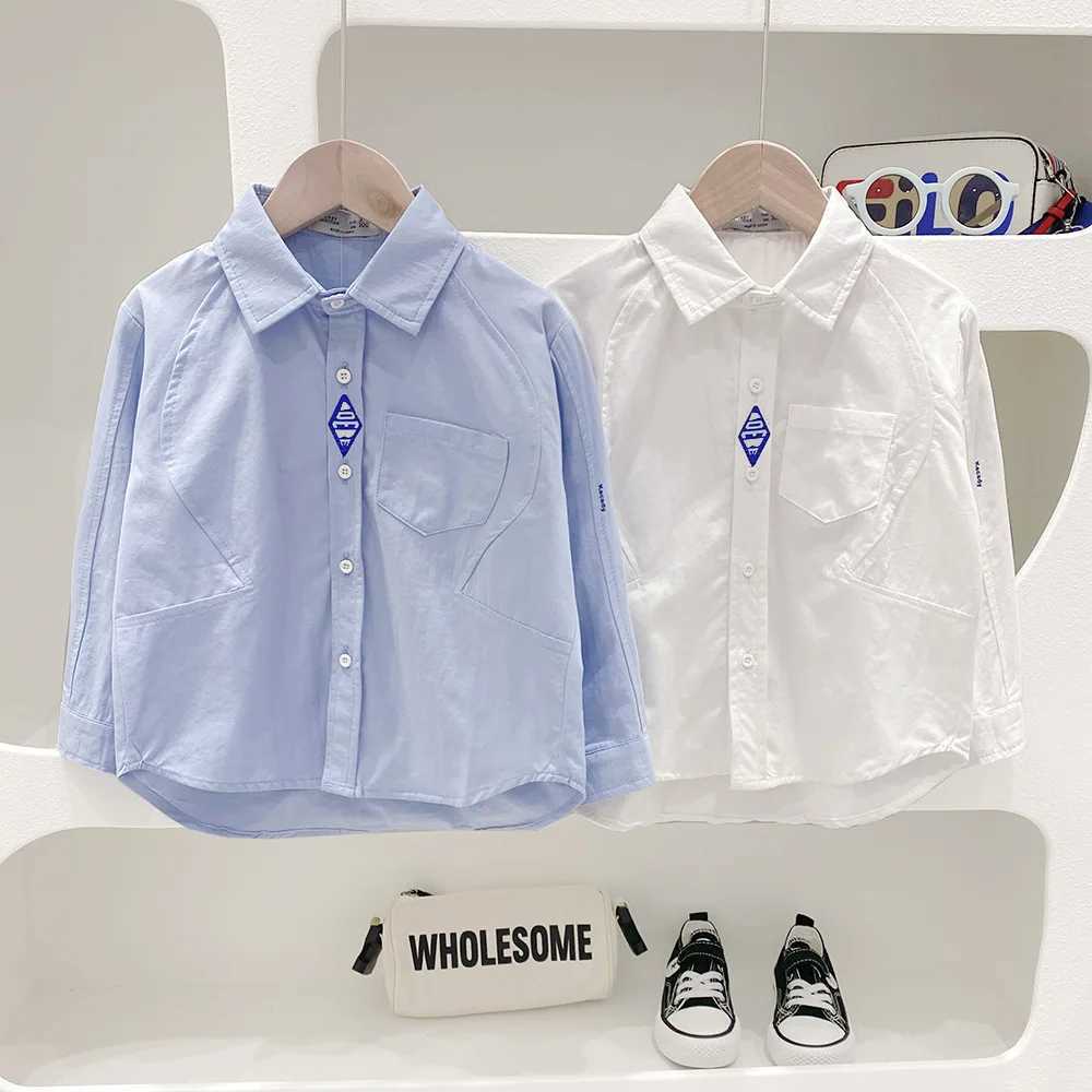 New spring and autumn childrens shirt single chest collar solid student boy blue sticker childrens boy cardiganW240729