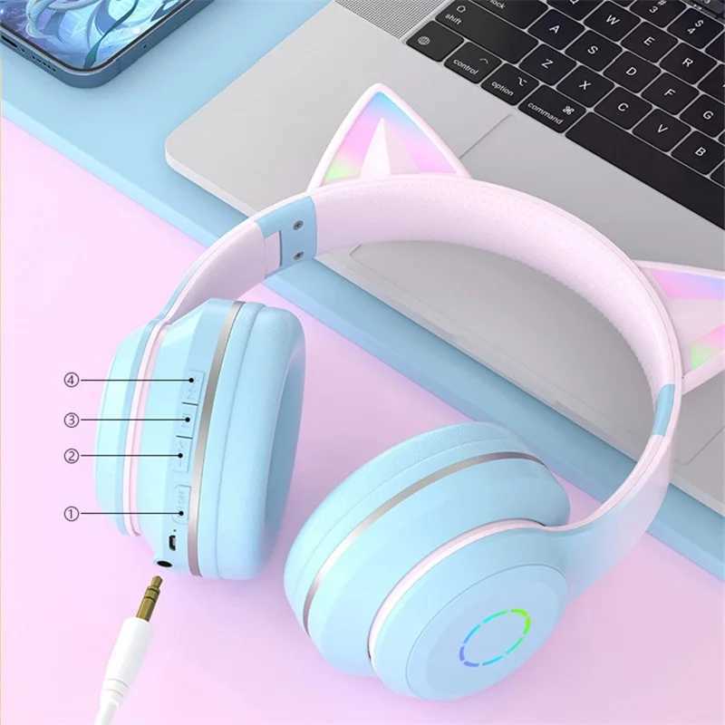 LED Cute Cat Ears Wireless Bluetooth Headphones With Mic Wired Stereo Music Gaming Headset For PC Computer Laptop Gift Girl KidM240729