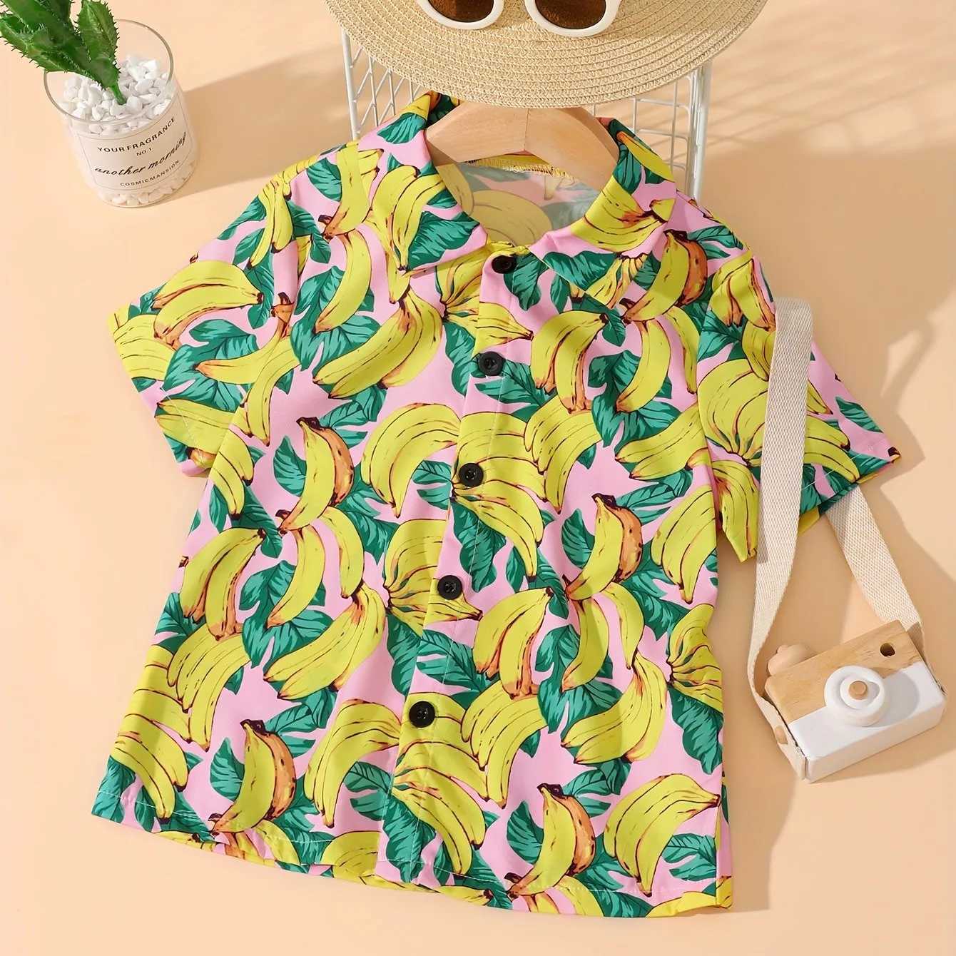 Fruit cherry and banana printed boys creative shirt casual short sleeved collar cool shirt top girls summer outdoor clothingW240729