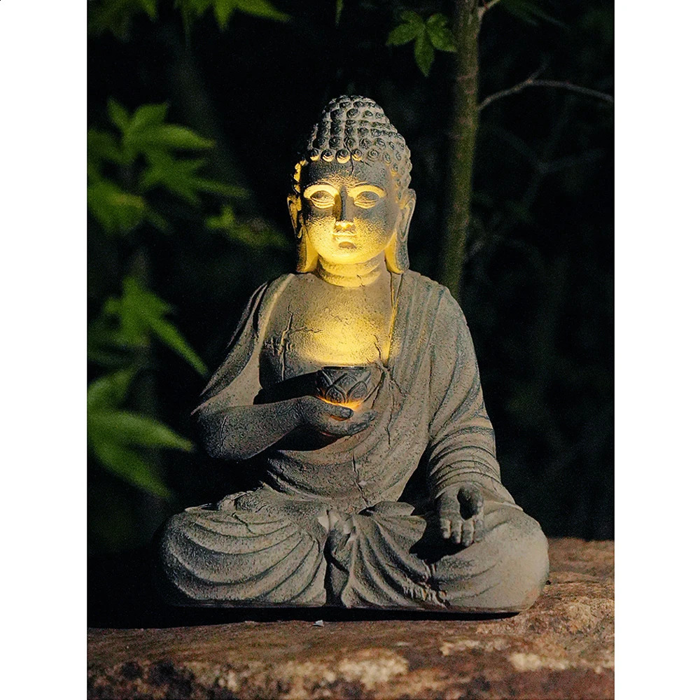 Resin Solar Buddha Statue Sculpture Garden Decor Light Zen Asian Japanese Garden Decoration Outdoor Front Porch Patio Yard Home 240729