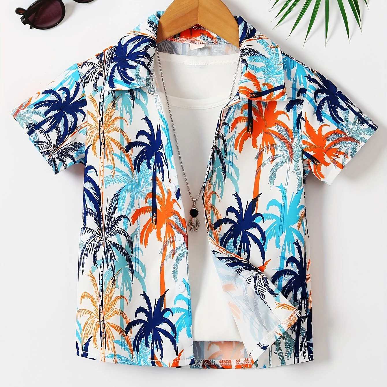 New Beach Camping Bus Printed Boys Novel Casual Short Sleeve Collar Shirt Childrens Top Fashion Childrens ShirtW240729