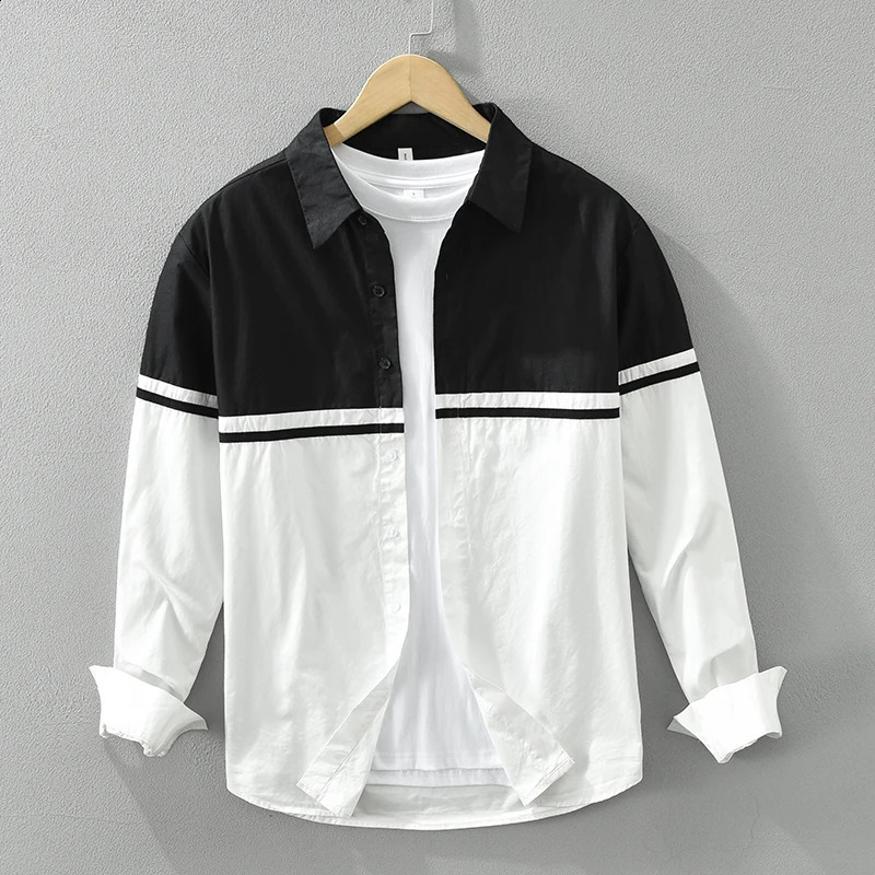 Black White Patchwork Shirt for Men Loose Long Sleeve Shirts Classics All-match Mens Clothing 240729