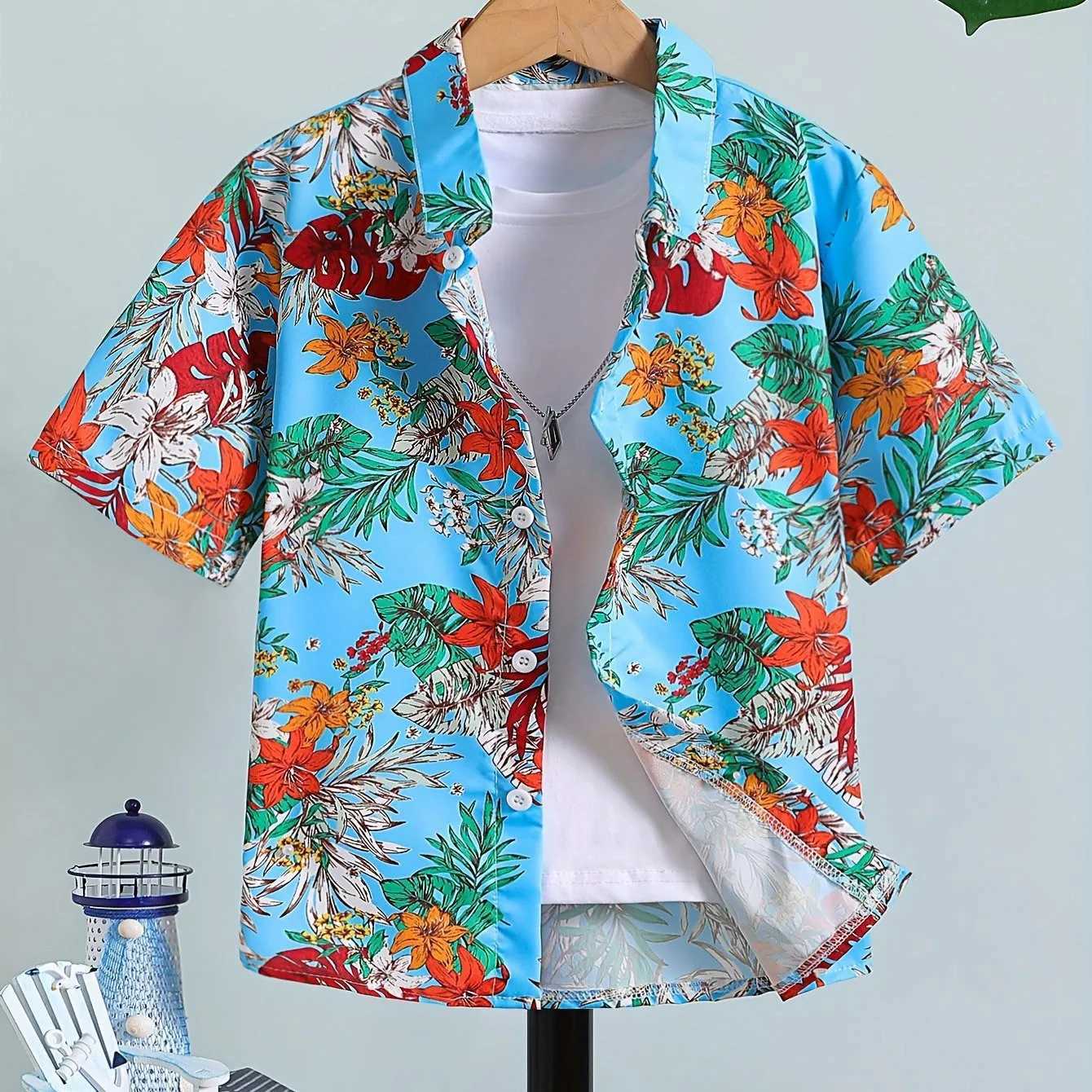 Boys fashionable shirt breathable and durable childrens casual short sleeved tropical pattern front button summer beach topW240729