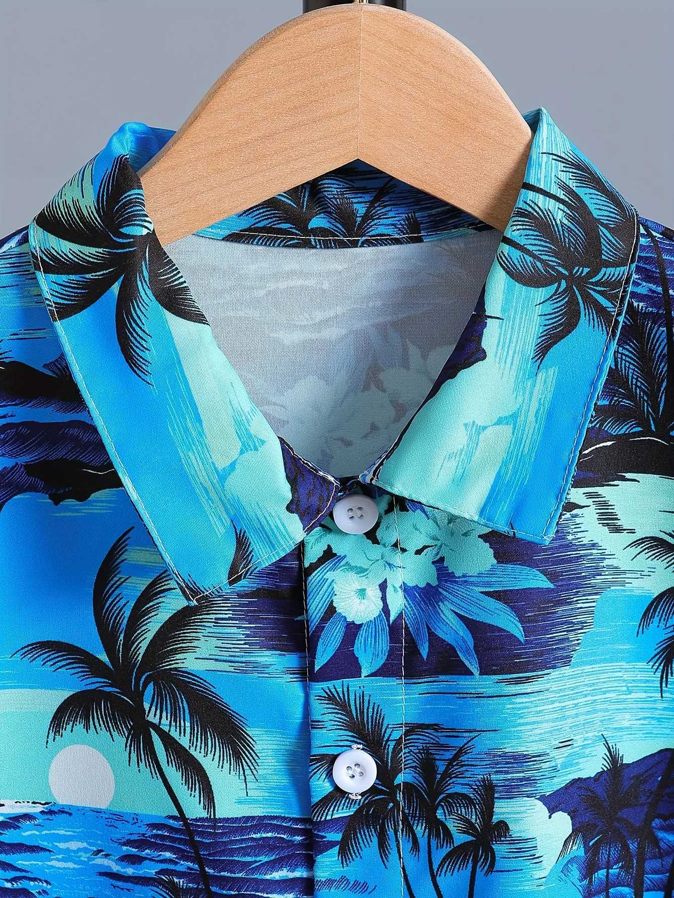 Boy coconut tree pattern shirt short sleeved jacket casual comfortable button loose breathable summer holiday shirt topW240729
