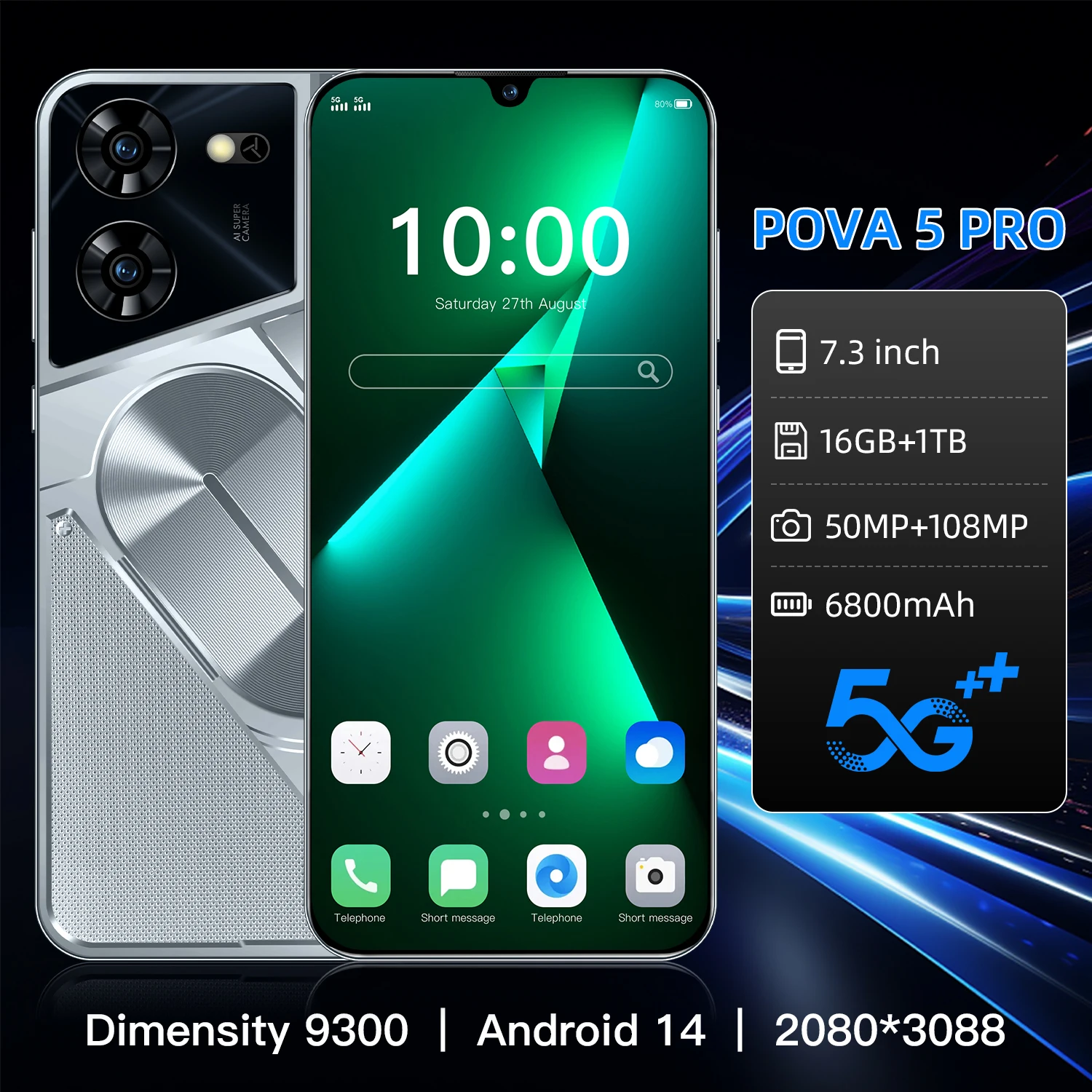 POVA5 Pro Global Version Smartphone 5G 7,3 pouces 16 Go + 1 To Android 13 Téléphone 50MP CAM 6800MAH Batterie CELULES 10 CORE SUPER TÉLÉPHONE