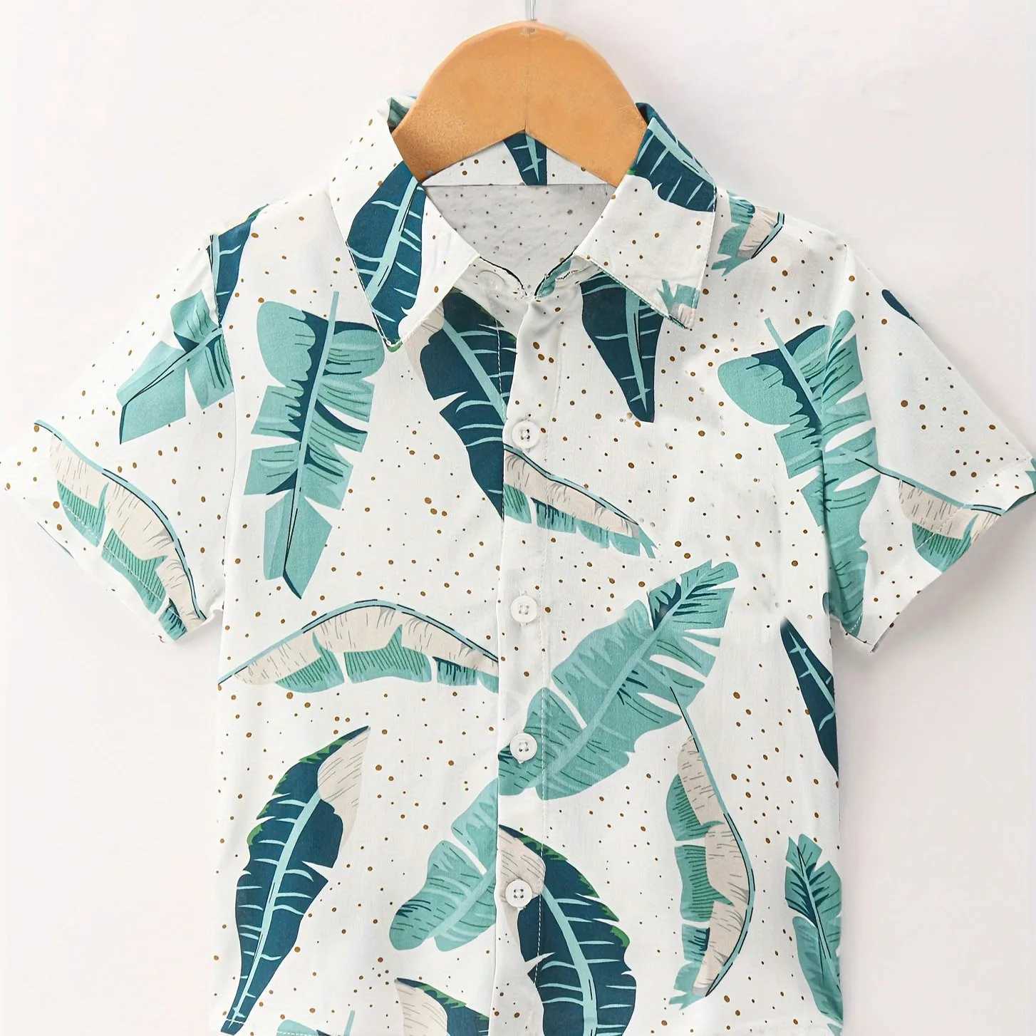 2024 Childrens Clothing Girls Shirt Tropical Coconut Tree Pattern Shirt Boys Fashion Short sleeved Top Collar ShirtW240729