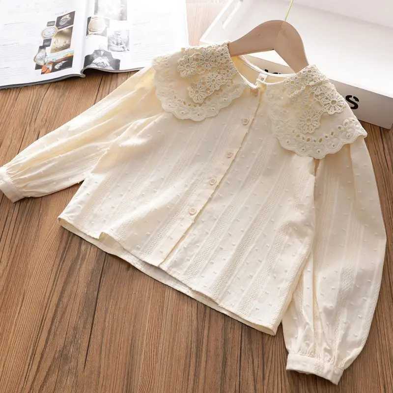 Spring and Autumn Youth Girls Cotton Princess Top 2024 New Korean Style Lace Collar Shirt Girls Coat 2 4 6 8 10 12W240729