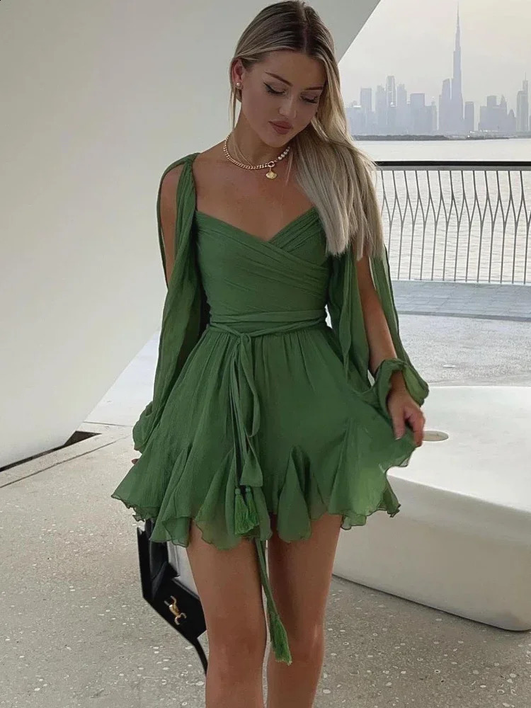 Sexy Green Pleated Mini Dress for Women Elegant V-neck Split Long Sleeve A-line Dresses Summer Lady Solid Backless Lace Up Robes 240729