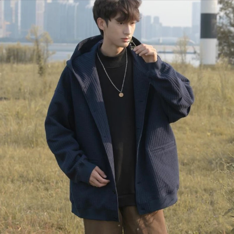 High Quality Mens Waffle Sweatshirt Korea Version Hooded Couple Coat Ins Hop Thickened Harajuku Men Women Jacket Oversize M-3XL 240729